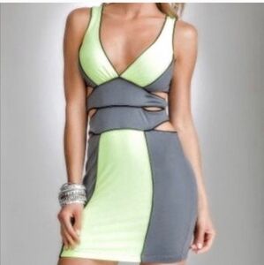 Bebe Addiction Cut-Out Power Knit Neon Yellow & Gray Medium Bodycon Dress